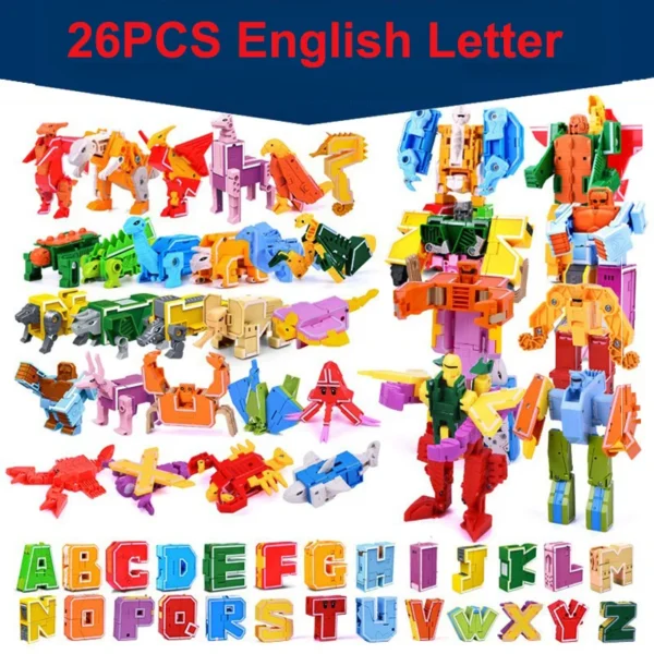 26 GUDI English Letter Learn A-Z Alphabet Transformation Robot Dinosaur Deformation Animal Action Figures Building Block Toys